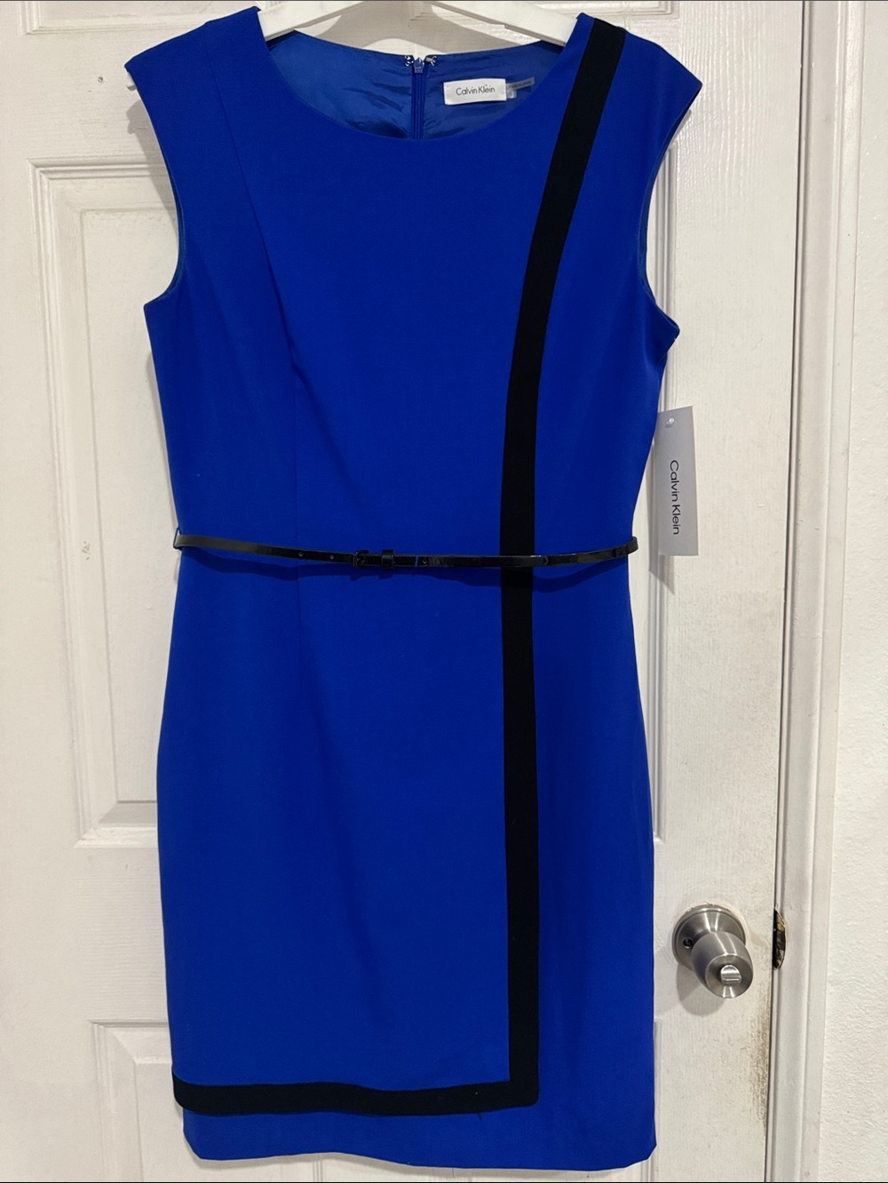 Calvin Klein Cobalt Blue Sleeveless Sheath Dress with Black Trim size 10